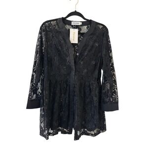 Flycurvy Black Floral Lace Button Front Babydoll Tunic Top XL Womens Long Sleeve